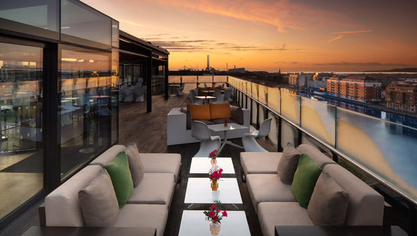 The rooftop terrace and bar at the Anantara The Marker Dublin Hotel.