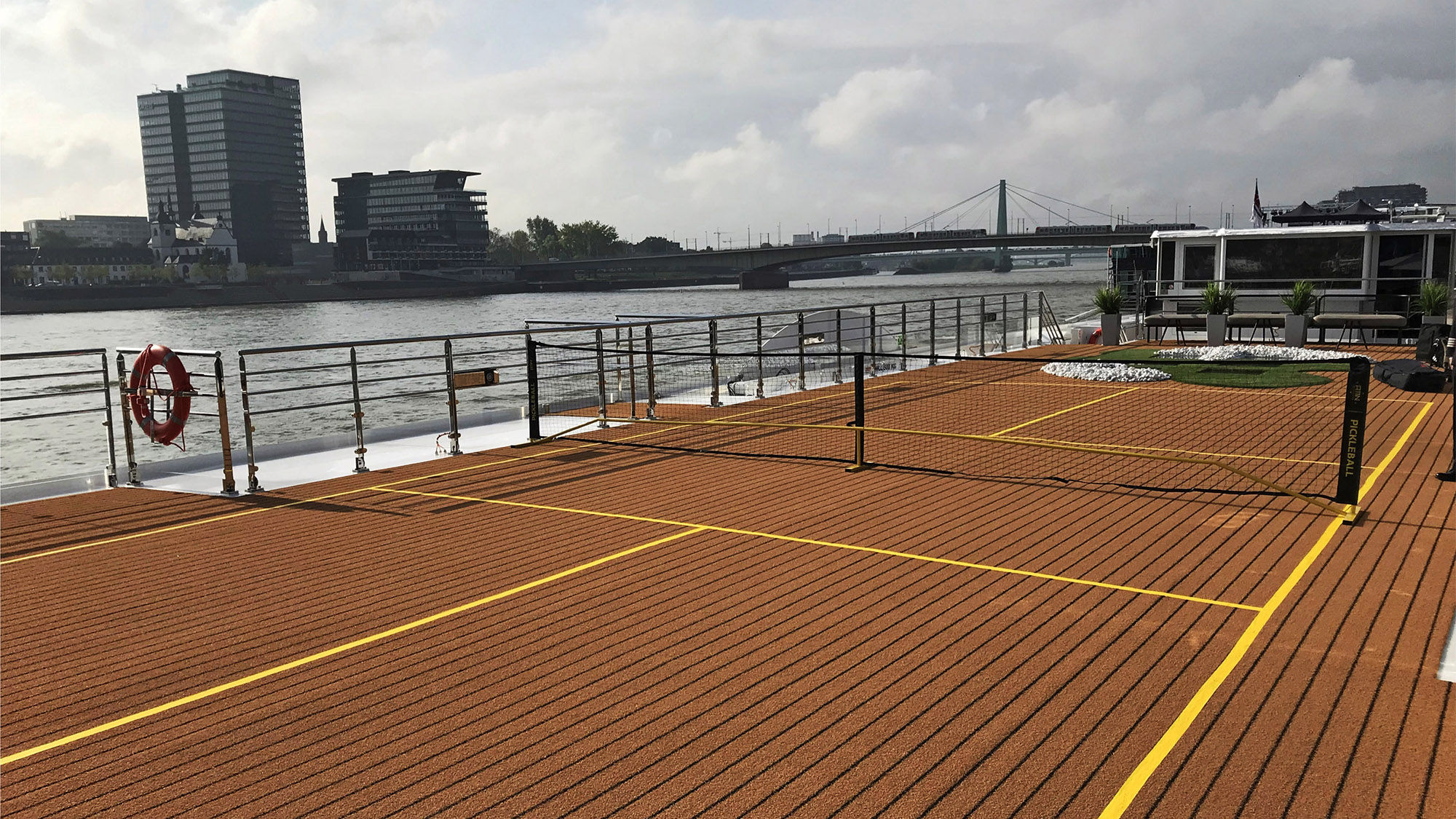 The pickleball court on the Amadeus Riva's sundeck.