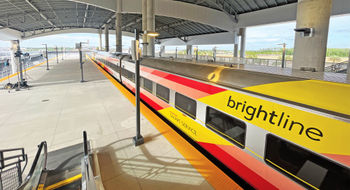 A Brightline train at Orlando Airport.