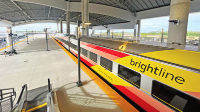 A Brightline train at the Orlando station, located in Orlando International Airport.