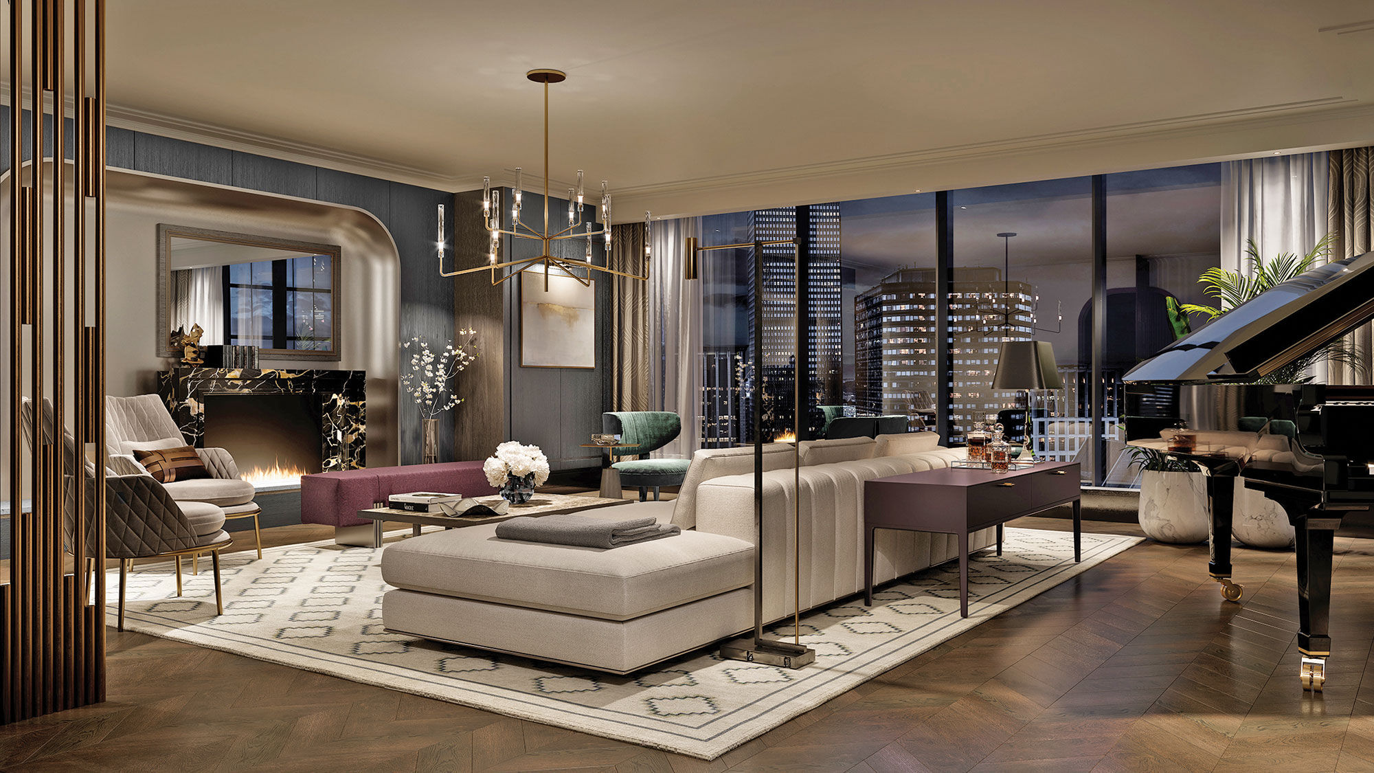 A rendering of a suite at the Raffles Boston.