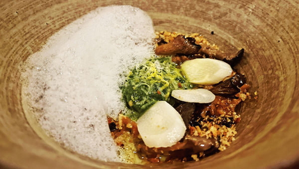 Spring nettle raviolo, part of the tasting menu at Stubborn Seed.