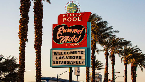 A sign from the long-shuttered Rummel Motel, originally placed in 1968, has been installed south of Oakey Boulevard as part of the Las Vegas Boulevard Improvement Project.