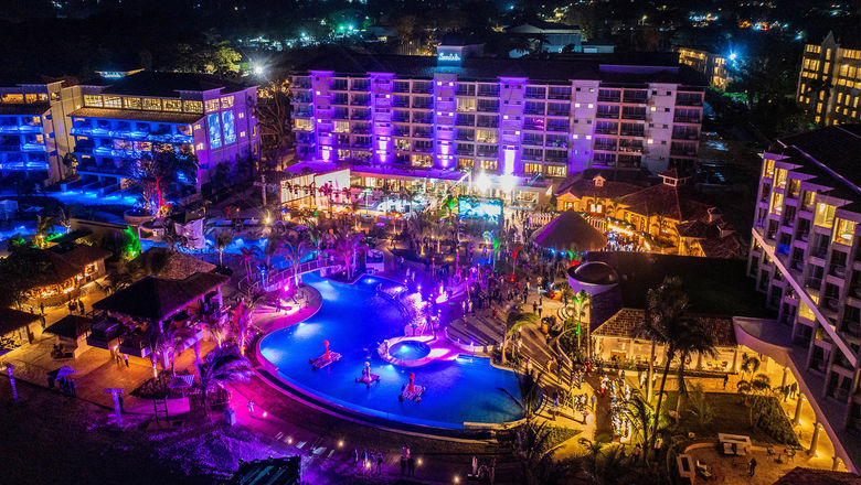An aerial view of the opening celebration at the new Sandals Dunn’s River.