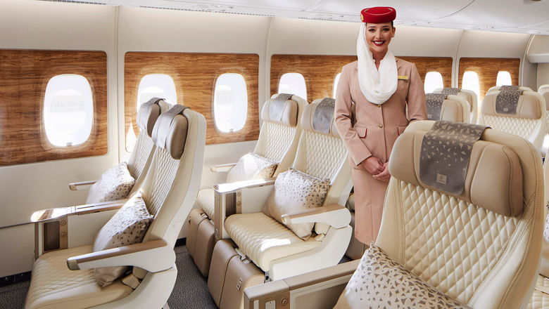 The Emirates premium economy cabin, which offers seat with 40 inches of space between rows and a seat width of 19.5 inches.