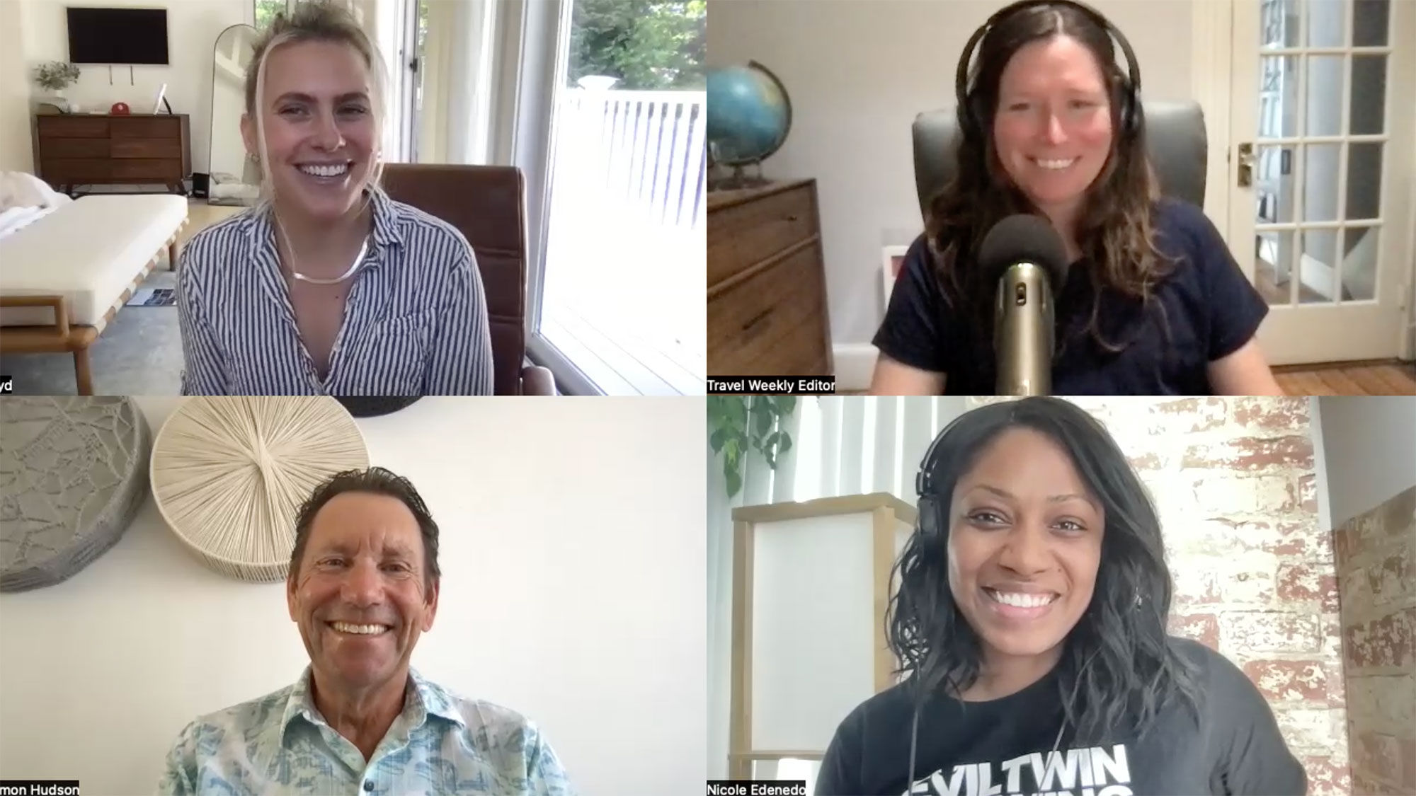 Clockwise from top left: Lily Szemplinski, owner of Passport Stamps Travel, host Rebecca Tobin, senior editor Nicole Edenedo, and Simon Hudson, a professor of tourism at the University of South Carolina talk about "set-jet" travel on an episode of the Folo by Travel Weekly.