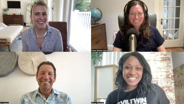 Clockwise from top left: Lily Szemplinski, owner of Passport Stamps Travel, host Rebecca Tobin, senior editor Nicole Edenedo, and Simon Hudson, a professor of tourism at the University of South Carolina talk about "set-jet" travel on an episode of the Folo by Travel Weekly.
