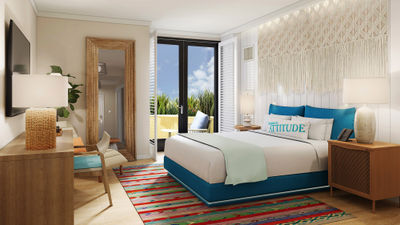 A guestroom at the Margaritaville Hotel San Diego Gaslamp Quarter.