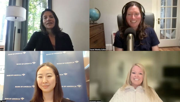 Clockwise from top left: Johanna Jainchill and Rebecca Tobin of Travel Weekly, Angela Hughes, owner of Trips and Ships Travel and Anna Zhou, an economist at Bank of America Institute. Clockwise from top left: Johanna Jainchill and Rebecca Tobin of Travel Weekly, Angela Hughes, owner of Trips and Ships Travel and Anna Zhou, an economist at Bank of America Institute.