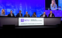 The CEOs Check-In panel at this year's NYU International Hospitality Industry Investment Conference was moderated by CNBC's Sara Eisen, left, and featured chief execs from IHG Hotels & Resorts, Accor, Marriott International, RLJ Lodging Trust, Hyatt Hotels and Hilton.