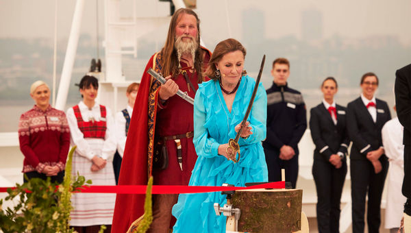 The Viking Saturn's godmother, philanthropist and Metropolitan opera chairwoman Ann Ziff, used a sword from a Met production of "Il Trovatore" to cut a ribbon that released a bottle of Norwegian aquavit into the hull. The Viking Saturn's godmother, philanthropist and Metropolitan opera chairwoman Ann Ziff, used a sword from a Met production of "Il Trovatore" to cut a ribbon that released a bottle of Norwegian aquavit into the hull.