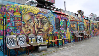 A graffiti-covered "building" in Bahnwarter Thiel, a Munich business district of sorts constructed entirely of castaway elements like rail cars.