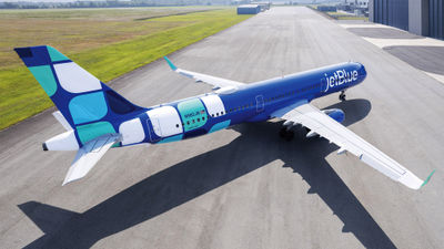 JetBlue's new design extends the checkered tail pattern onto the rear portion of the aircraft.