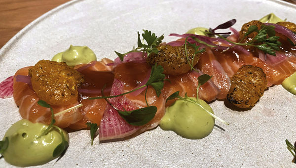 The ponzu-marinated wild salmon carpaccio at Manzanita, the hotel's fine dining restaurant.