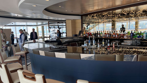 The bar at the forward observation lounge, the Explorers' Club. The bar at the forward observation lounge, the Explorers' Club.