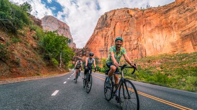 Backroads guests biking in Zion National Park in Utah.