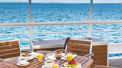 Breakfast aboard Lindblad Expeditions-National Geographic ship the Sea Lion. The vessel will operate a series of cruises in the Pacific Northwest that will focus on wine and cuisine.