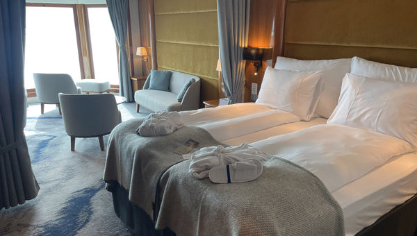 Each suite onboard has a name; pictured is the Musik Suite, which has a refurbished interior. Each suite onboard has a name; pictured is the Musik Suite, which has a refurbished interior.