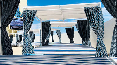 The new Swim & Social at the Strat Hotel, Casino & SkyPod is located eight stories above Las Vegas Boulevard.