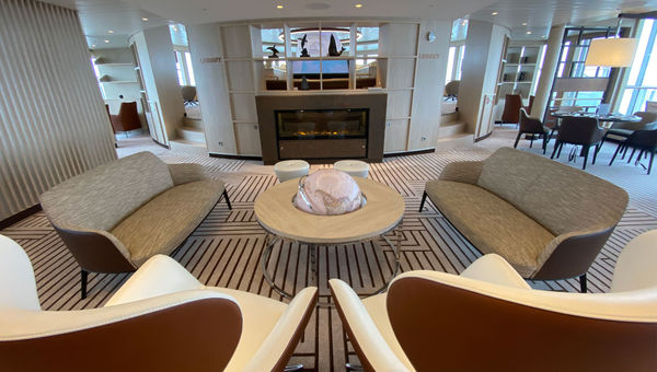 The ship's observation lounge, called the Den, has a combination of public spaces, including a library and the Science Hub.