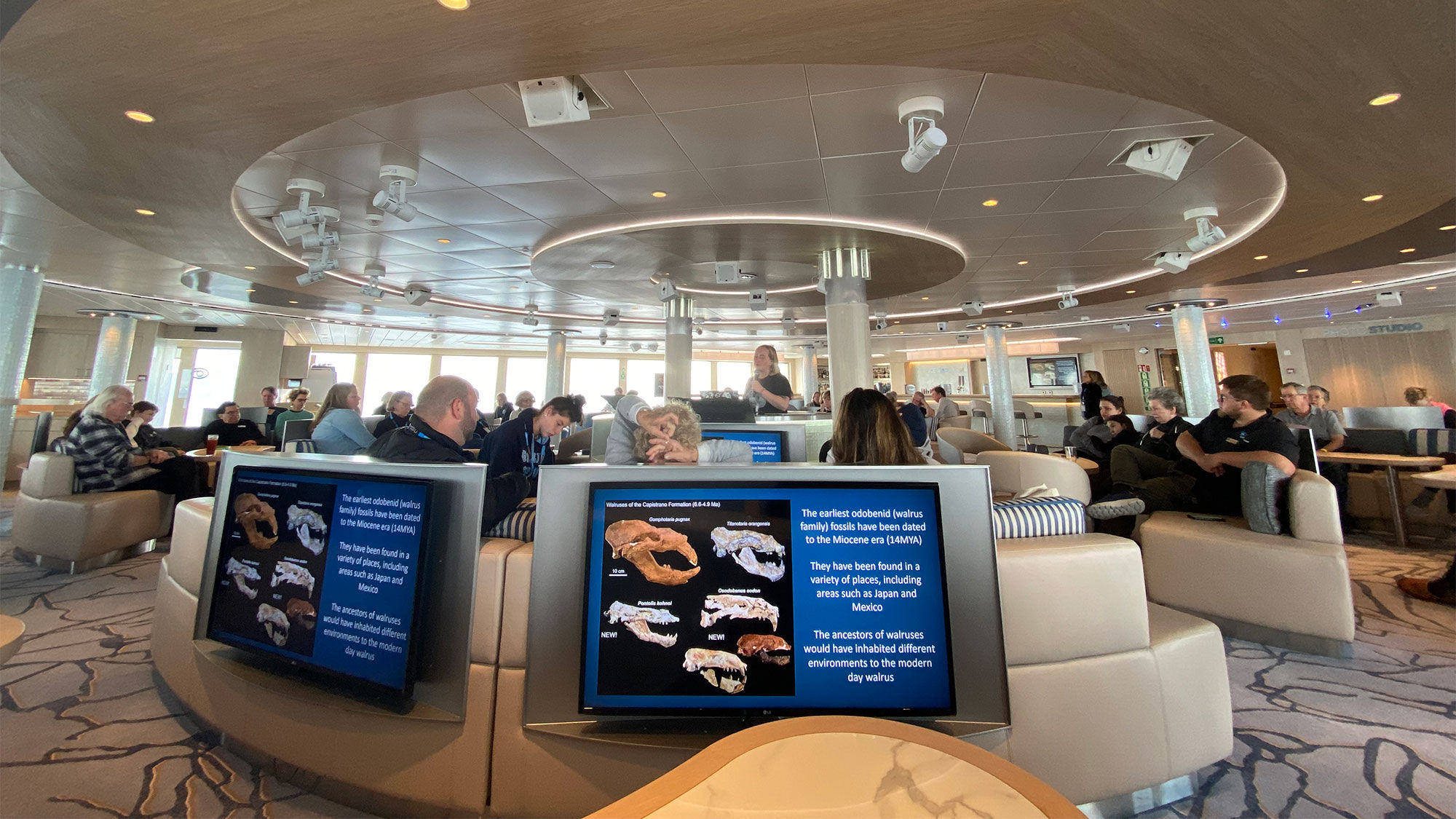Lindblad fans will note that the Ice Lounge is the fleet's most state-of-the-art gathering area for daily talks and presentations, with high-definition screens in every seating nook.