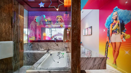 A Barbie-themed bathroom in one of the Grand Hyatt Kuala Lumpur's Barbie-inspired accommodations.