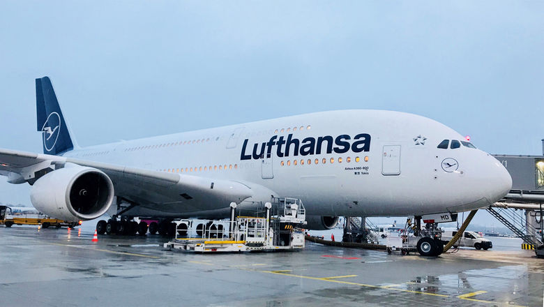 A Lufthansa Airbus A380. The German carrier touched down with the jumbo jet at JFK on July 4 for the first time since November 2019.