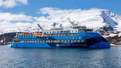 The Ocean Albatros sailing in Svalbard, Norway.