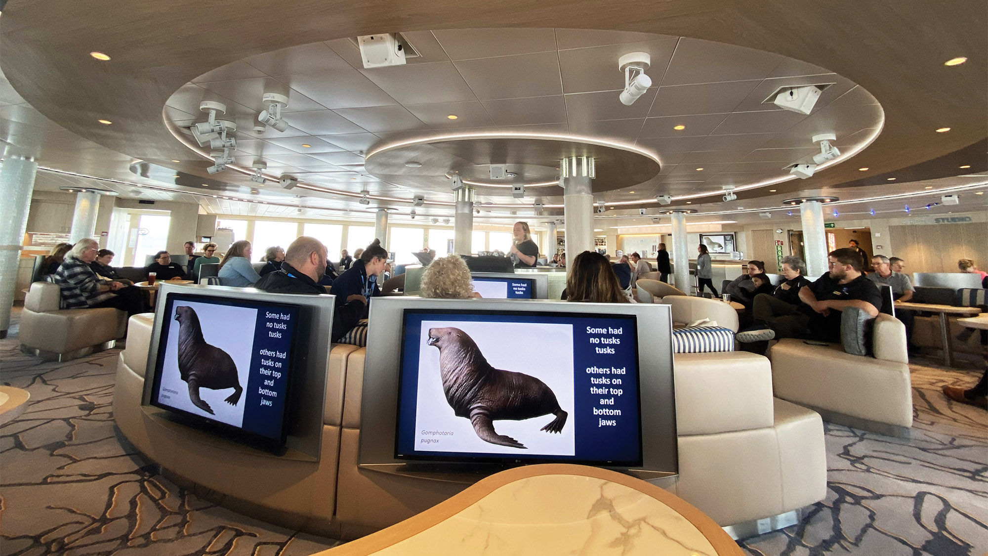 Guests on the National Geographic Endurance learn about walruses.