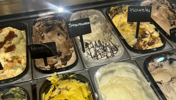 Gelato flavors at L'Amande, a pastry shop in Nafplio, Greece. Gelato flavors at L'Amande, a pastry shop in Nafplio, Greece.