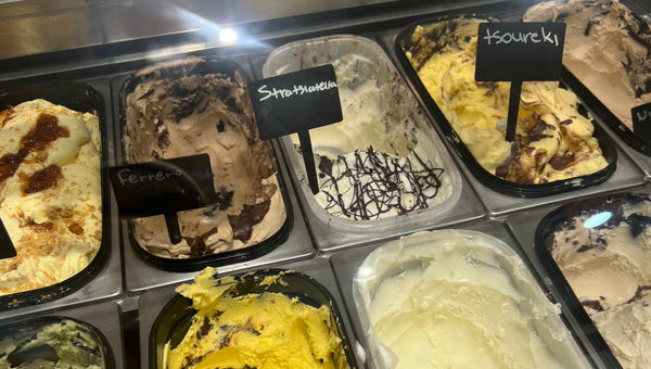 Gelato flavors at L'Amande, a pastry shop in Nafplio, Greece.