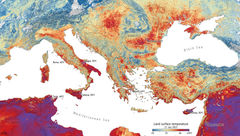 A map of the Mediterranean region shows land surface temperatures on the morning of July 17, when air temps soared into the triple digits.