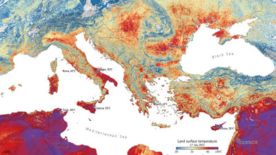 A map of the Mediterranean region shows land surface temperatures on the morning of July 17, when air temps soared into the triple digits.