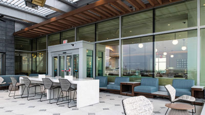 The covered outdoor deck at the new Delta Sky Club at JFK.