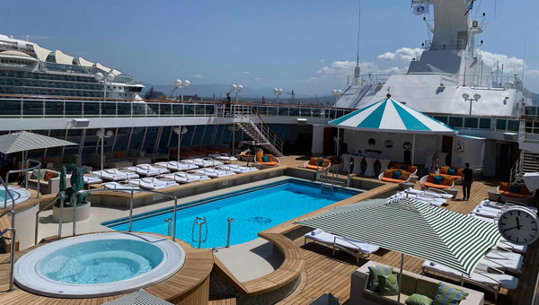 The pool deck on the renovated Crystal Serenity. The pool deck on the renovated Crystal Serenity.