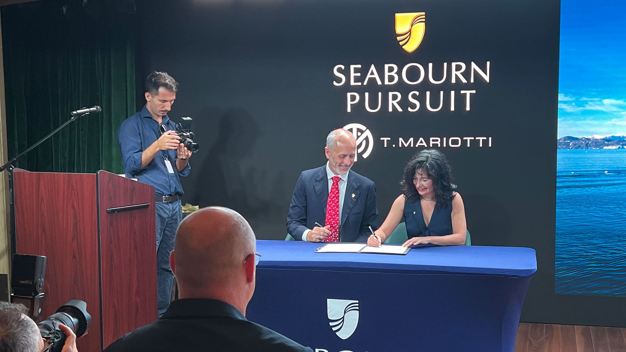 T. Mariotti managing director Marco Giglione and Seabourn president Natalya Leahy complete the handover process for the Seabourn Pursuit.