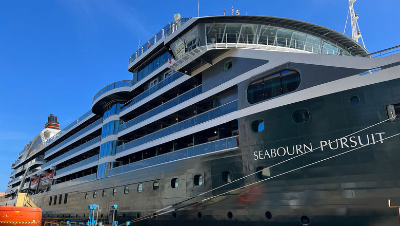 The Seabourn Pursuit expedition ship at the T. Mariotti shipyard in Genoa, Italy.