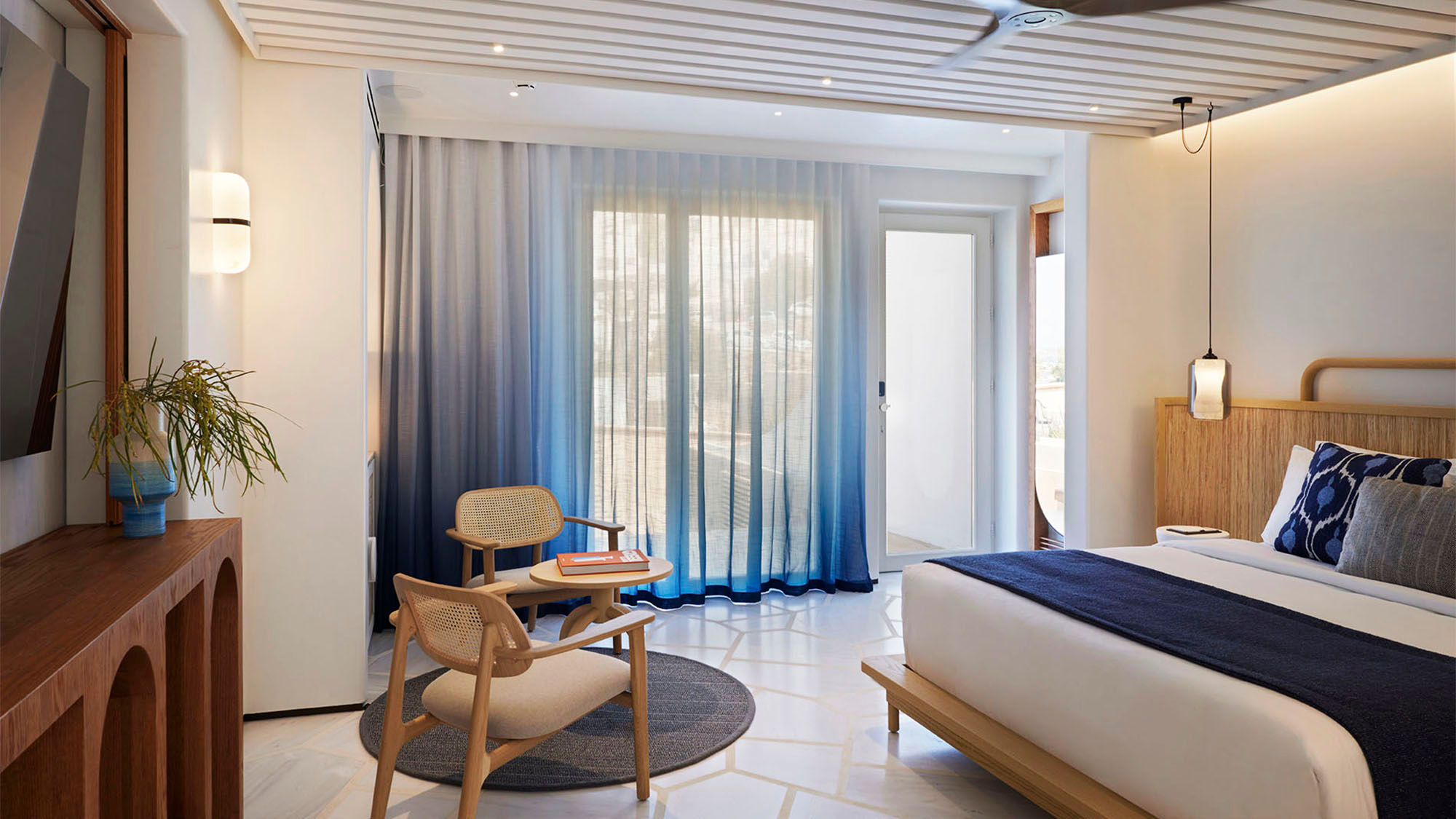 A guestroom at Avant Mar, which opened in July on the Greek island of Paros.