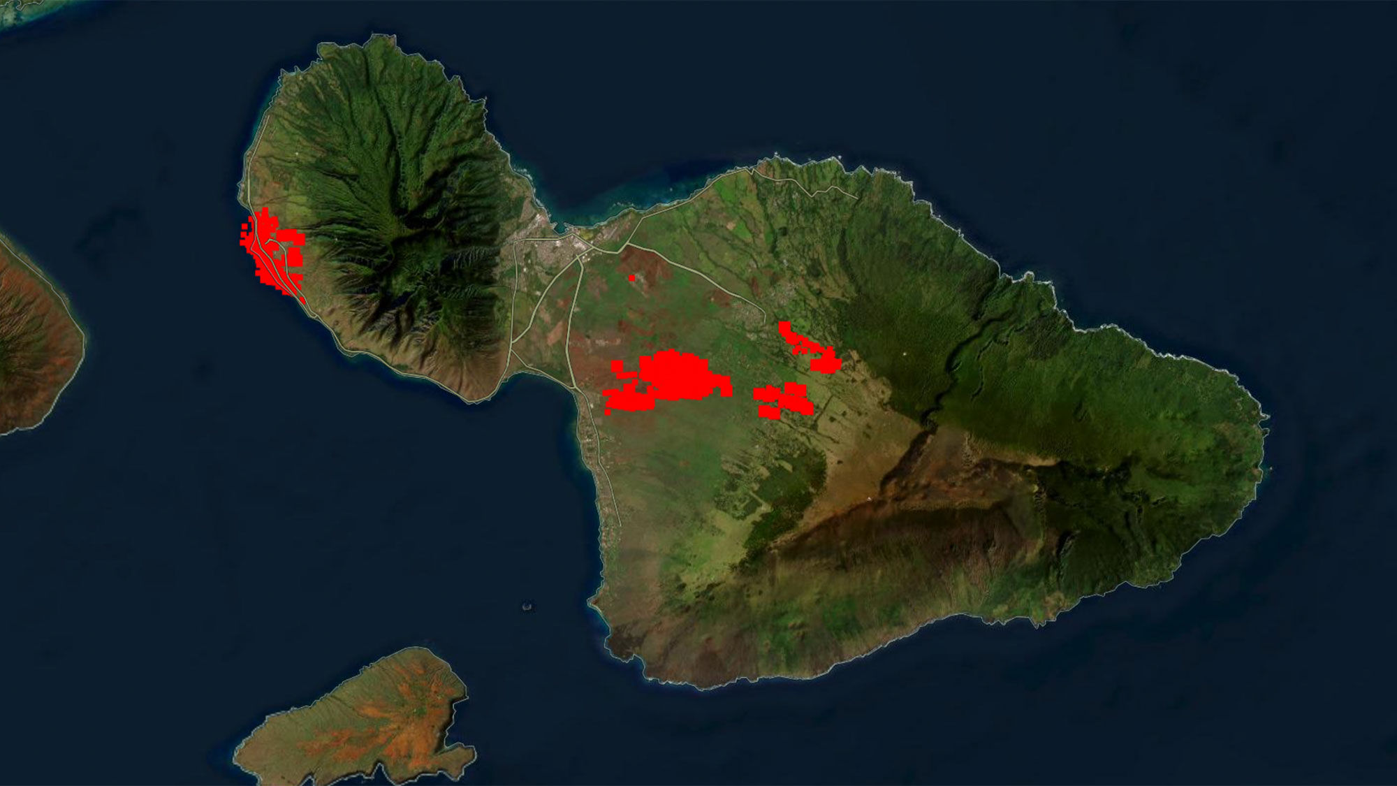 An image of the Hawaiian island of Maui showing the regions where wildfires burned. The information was from the 24-hour period before Thursday morning.