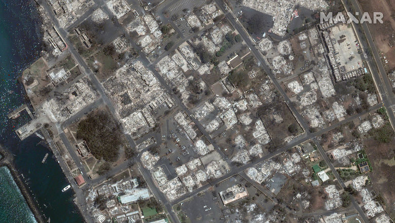 Satellite imagery of the Lahaina Banyan Court area on Maui after the fire.