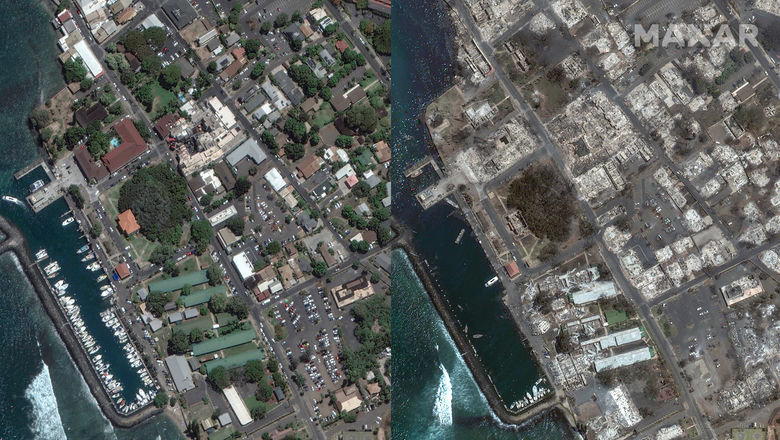 Lahaina, on the Hawaiian island of Maui, was devastated by wildfires. Seen here is the Lahaina Square Shopping Center area, taken on June 25, left, and Aug. 9, right.