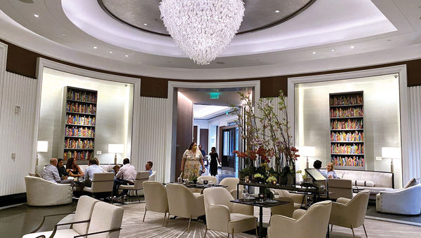 The lobby rotunda, which the hotel calls its living room, offers sleek but comfortable seating.