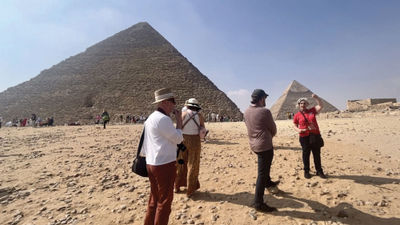 Viking passengers on a visit to the pyramids in Egypt in 2023. Advisors are concerned about a tourism downturn to the country as a result of the Iran war.