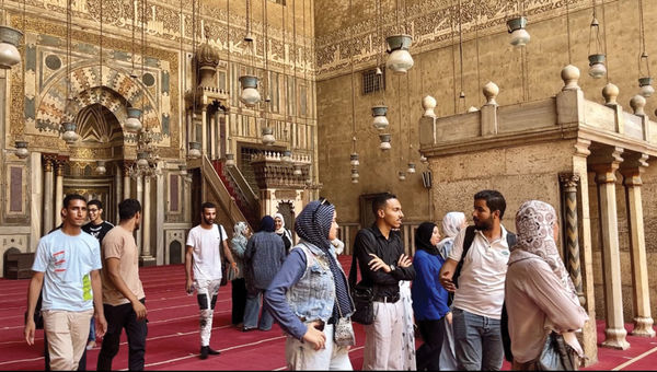 The Qibla Iwan prayer hall at the Mosque-Madrasa of Sultan Hasan in Cairo.