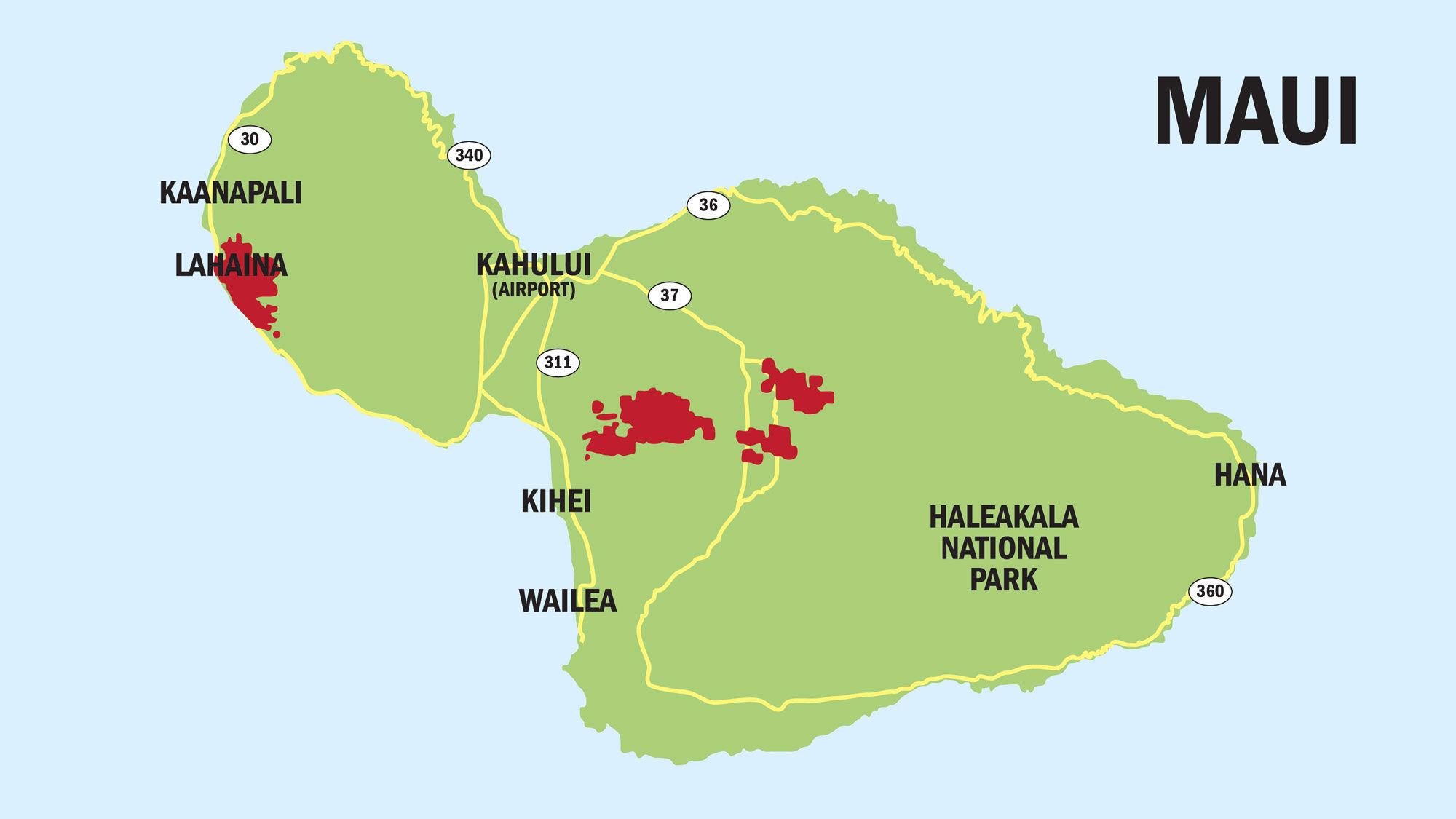 Areas affected by wildfires on Maui.