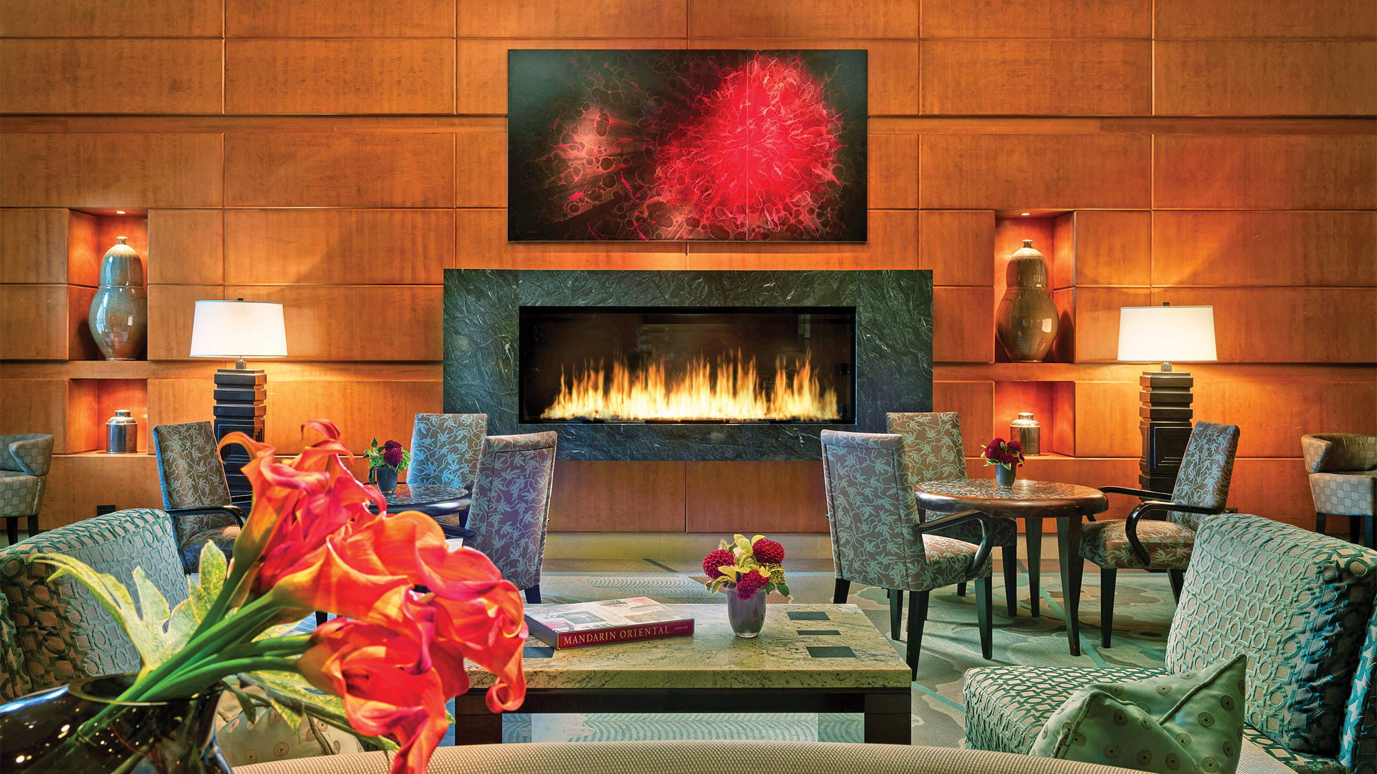 The Mandarin Oriental Boston's lobby offers complimentary coffee and other beverages throughout the day, and large windows with comfy seating make it ideal for looking out onto the busy Boston streets.