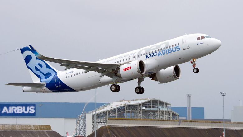 An Airbus A320neo taking off.