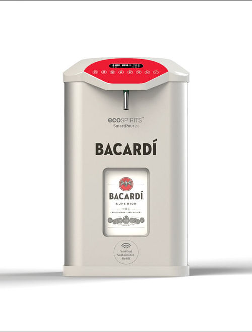 Bacardi rum will be transferred from the tote to Ecospirits' automated dispenser, pictured, during a pilot program in select bars on three Carnival ships. Bacardi rum will be transferred from the tote to Ecospirits' automated dispenser, pictured, during a pilot program in select bars on three Carnival ships.