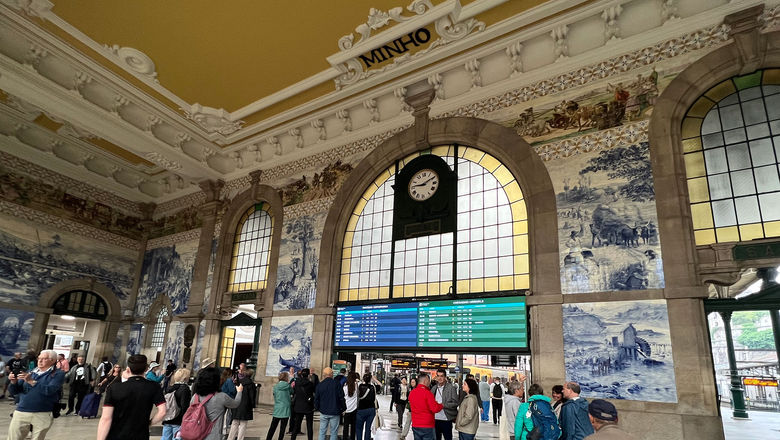 Porto's San Bento train station is known for its blue- and white-tiled azulejos, murals that tell stories of the city's rich history.