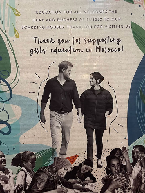 A sign commemorated the visit of Prince Harry and Meghan Markle to one of the Education for All schools in Morocco. A sign commemorated the visit of Prince Harry and Meghan Markle to one of the Education for All schools in Morocco.